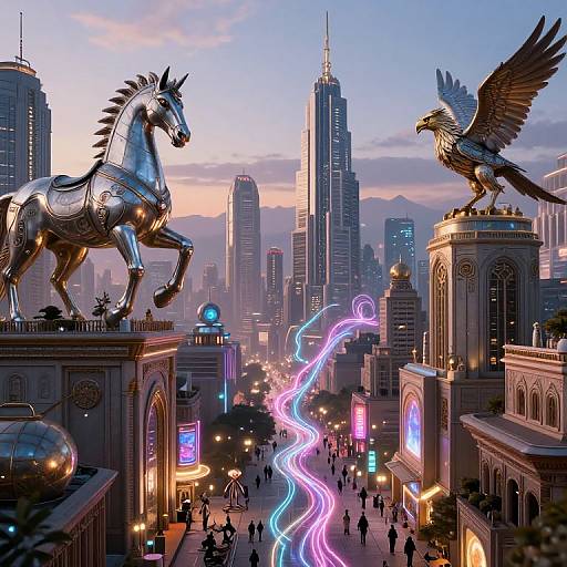 Digital artwork of a futuristic cityscape with a silver horse statue and golden eagle statue, neon lights, and skyscrapers at sunset.