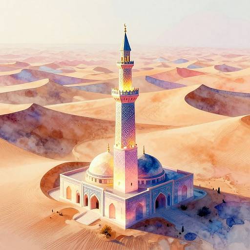 Digital painting of a brightly lit, ornate mosque with a tall minaret, surrounded by vast, sunlit desert dunes, showcasing vivid orange,
