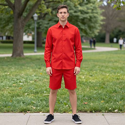 Photograph of a young Caucasian man standing in a park, wearing a bright red button-up shirt and red shorts, with black sneakers, against a green