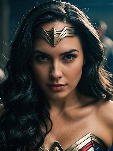 Photograph of Gal Gadot as Wonder Woman, with long dark hair, gold tiara, intense gaze, and iconic costume, set against a blurred