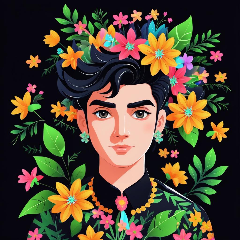 Floral Cartoon Character on Dark Background