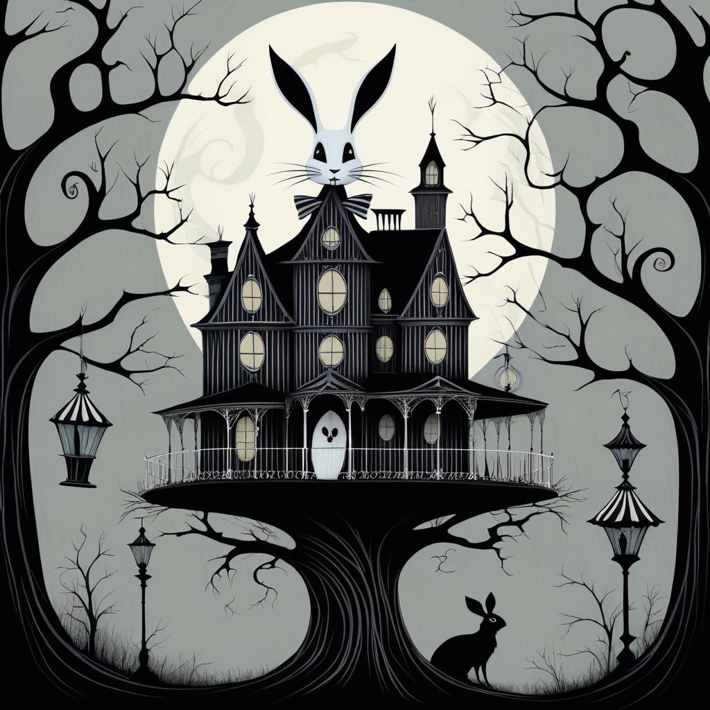 Whimsical Ghost Bunny in Eerie Landscape