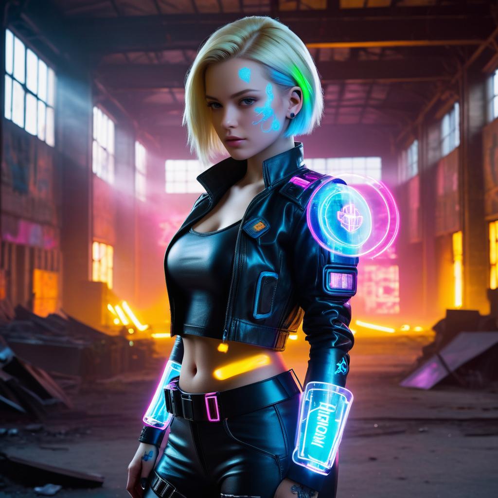 Neon Cyberpunk Android 18 in Ruins