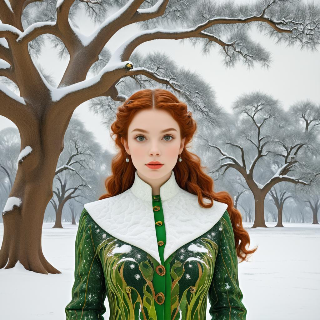 Surreal Winter Scene with Green-Eyed Woman