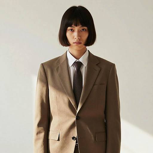 Photograph of an East Asian woman with a black bob haircut, wearing a beige suit, white shirt, and black tie, standing against a plain white