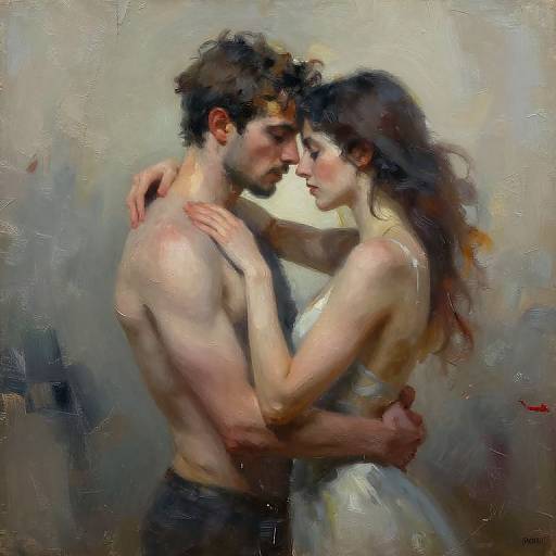 Painting of a shirtless man and a topless woman embracing, gazing into each other's eyes, with a blurred, muted background. Romantic