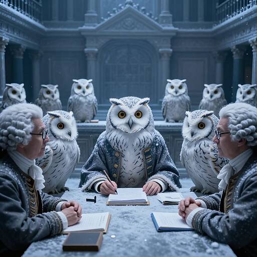 Photorealistic digital art: Three elderly men in 18th-century attire converse with six owls wearing blue coats, seated in a snow-covered,