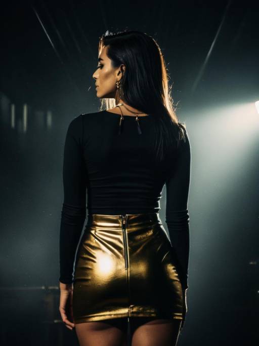 Woman in Black Top and Gold Faux Leather Skirt