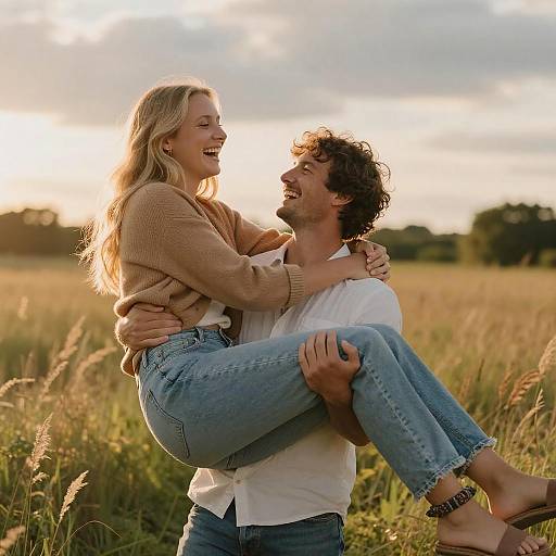 Joyful Couple in Sunset Grassy Field