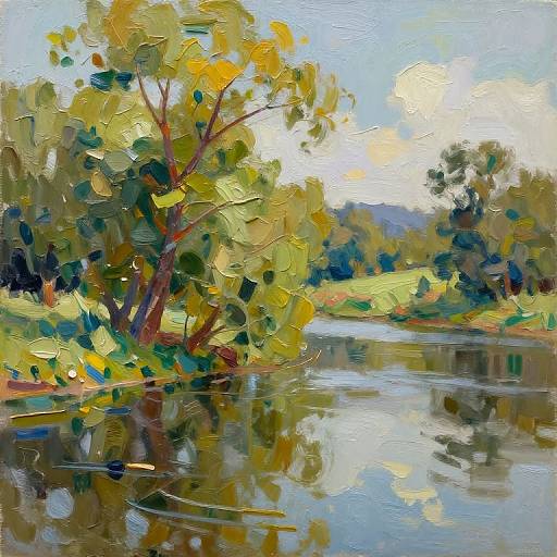 Impressionist-style painting of a serene river with vibrant yellow-green leaves reflected in the water, set against a bright, cloudy sky.