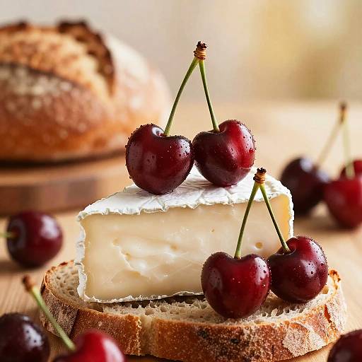 Photograph of a white cheese wheel topped with three shiny, red cherries on toasted bread, with a blurred loaf in the background.