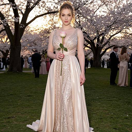 Photograph of a fair-skinned woman with blonde hair in an elegant, gold-sequined gown holding a single pink rose, standing in a cherry