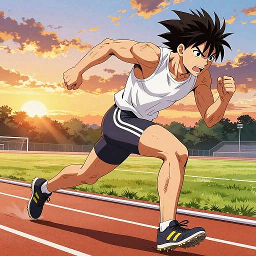 Anime Athlete Sprinting at Sunset