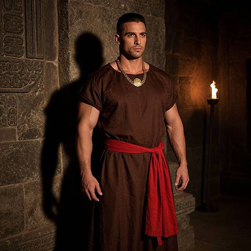Photograph of a muscular man with short dark hair, wearing a black tunic, red sash, and gold necklace, standing in a dimly