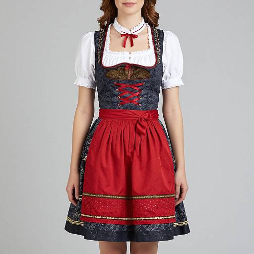 Photograph of a woman in a traditional German dirndl dress with a white blouse, red bodice, and black skirt, featuring red and gold embroidery