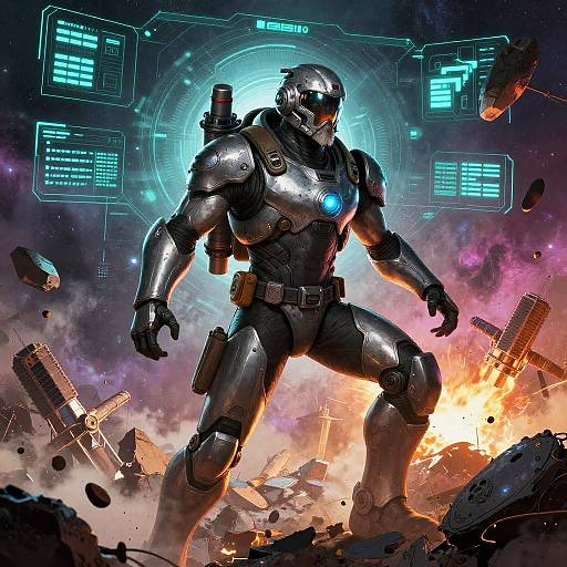 Digital artwork of a muscular, silver-armored warrior with glowing blue chest emblem, standing amid a fiery explosion, surrounded by debris and futuristic holographic screens