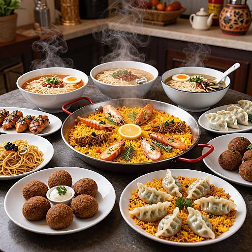 Photograph of a rich, steaming Asian-style meal on a dark table, featuring noodles, fried rice, dumplings, wontons, and crispy