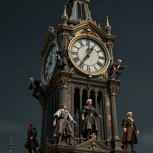 Photograph of a tall, ornate clock tower with six Victorian-era men in black suits and top hats standing on and around it, against a dark