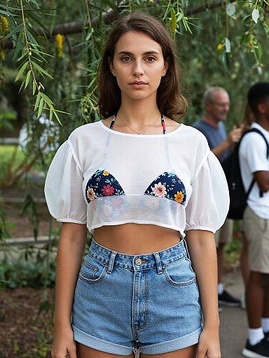 Photograph of a young woman with brown hair in a white crop top with colorful embroidered bra cups and high-waisted denim shorts, standing outdoors among