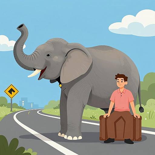 Man Sitting Next to Elephant on Road