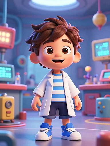 3D cartoon boy with brown hair, wearing white lab coat, blue-striped shirt, black shorts, blue sneakers, in futuristic lab with colorful tech equipment