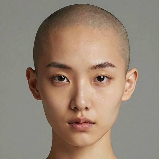 Photograph of a young Asian boy with a shaved head, smooth skin, and neutral expression, against a plain gray background.