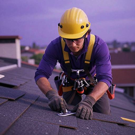 Roofer Inspecting Shingles on Roof