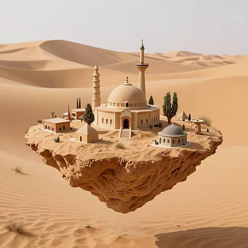 Digital artwork: A floating desert island with a white-domed mosque, minaret, and various buildings surrounded by endless sand dunes.