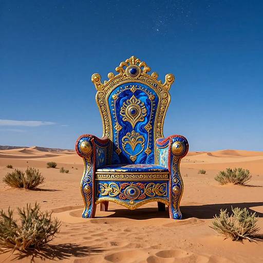 Photograph of an ornate, blue and gold throne with intricate designs, set in a bright, clear desert with sandy dunes and sparse vegetation.