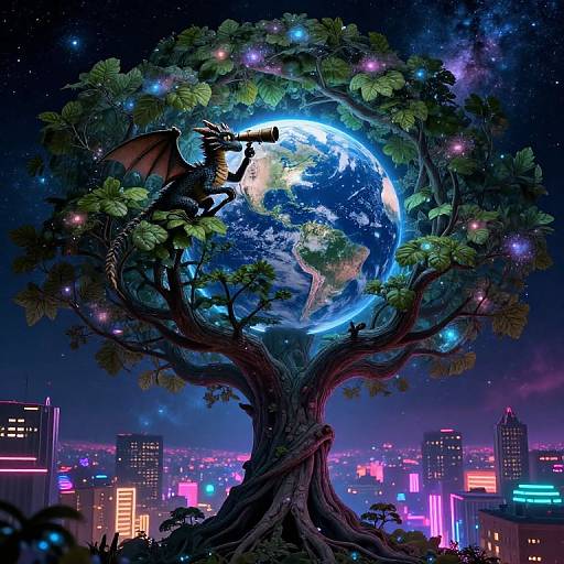 Fantasy digital art: Dark dragon perched on giant tree with glowing Earth in foliage, neon cityscape below, starry night sky.