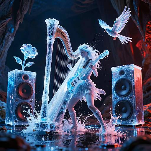 Glowing digital artwork of a silhouetted, white, ethereal female musician playing a harp, surrounded by splashing water, speakers