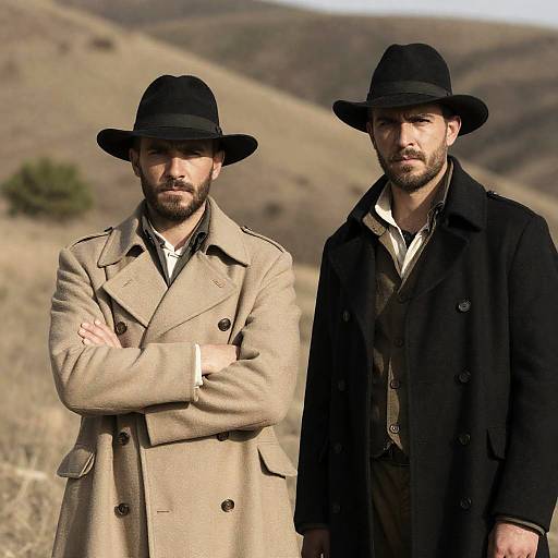 Two Men in Historical Attire on Rugged Terrain