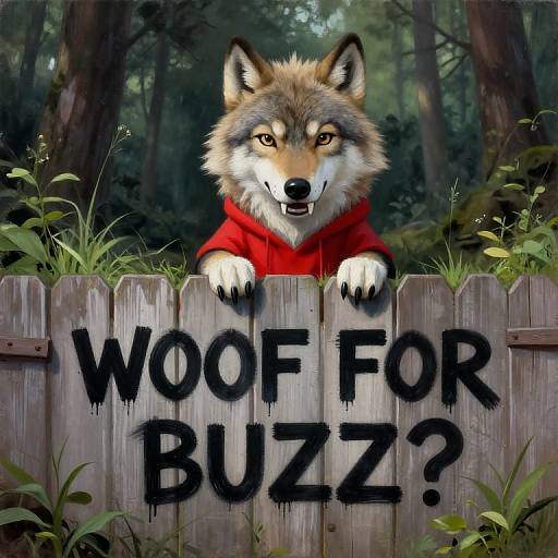 Cute Wolf in Red Hoodie Peeking Over Fence