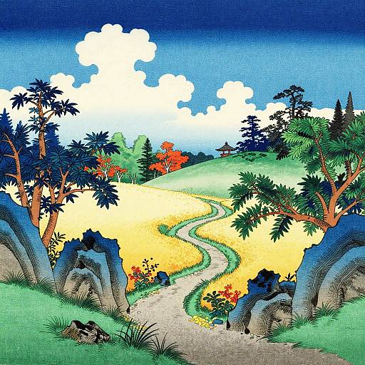 Traditional Ukiyo-e Autumn Temple Garden Landscape