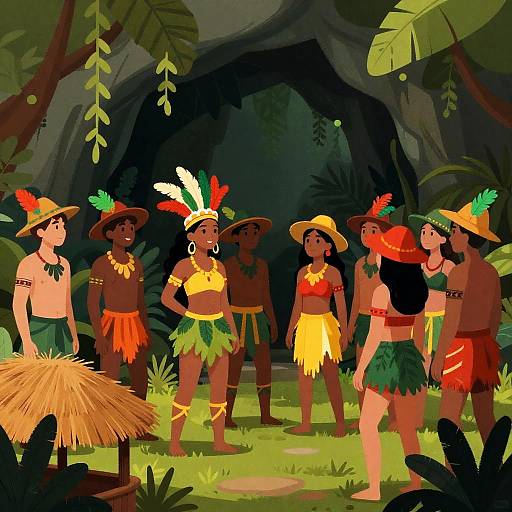 Vibrant Jungle Costume Gathering in Cave