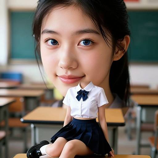 Photograph of a young Asian girl with black hair, blue eyes, wearing a white blouse and black skirt, sitting in a classroom. Blurred desks
