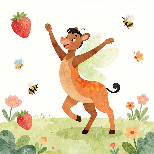 Cartoon deer with orange fur joyfully dances, arms raised, as two bees and a strawberry float around. Colorful flowers and grass surround. Bright