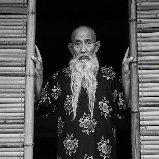 Elderly Man in Bamboo Doorway Portrait
