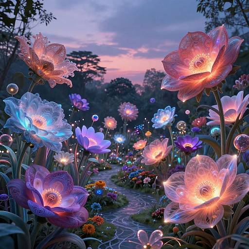 Photograph of a magical garden at dusk, illuminated by glowing, vibrant flowers in shades of pink, blue, and purple, with a winding path and