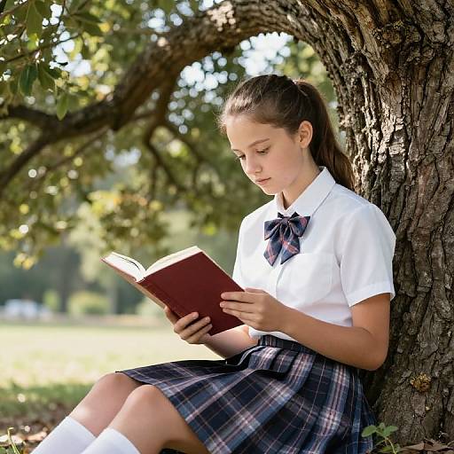 Photograph of a young girl with fair skin and brown hair in a ponytail, wearing a white blouse and plaid skirt, reading a book while