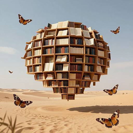 Photograph of a futuristic, spherical library with wooden shelves floating in a desert, surrounded by five orange and black butterflies.