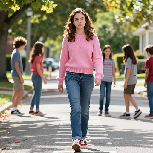 Photograph of a young woman with curly brown hair, wearing a pink sweater, blue jeans, and red sneakers, walking confidently down a sunlit suburban