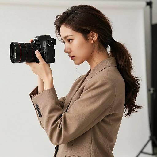 Photograph of an Asian woman with long brown hair in a ponytail, wearing a beige blazer, holding a black DSLR camera, focused int