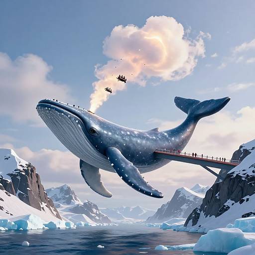 Digital illustration of a massive blue whale with a bridge on its back, carrying tiny people, soaring over icy mountainous waters, with helicopters flying above.