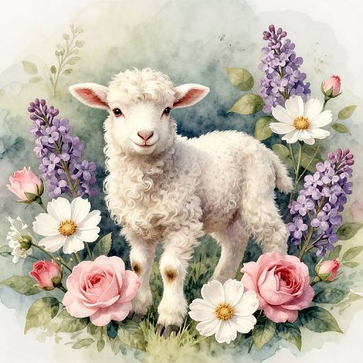Victorian Lamb with Floral Watercolor