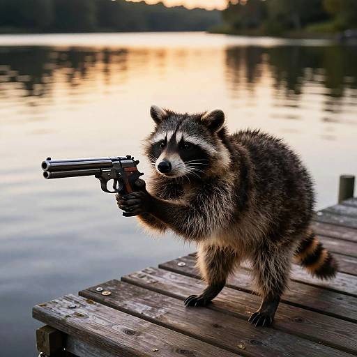 Photograph of a raccoon standing on a wooden dock, holding a black handgun, with a sunset-lit lake in the background.