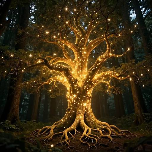 Photograph of a magical forest tree illuminated with glowing yellow fairy lights, surrounded by dark, towering trees, creating a whimsical nighttime scene.