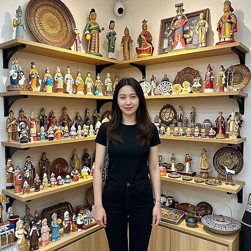 Asian woman with long black hair, black t-shirt, and jeans stands in front of a wall of colorful, detailed wooden figurines and decorative plates in