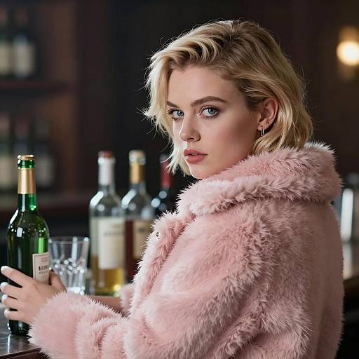 Blonde Woman in Pink Coat at Bar