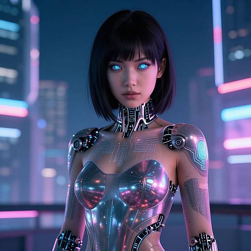 CGI image of a cyberpunk woman with glowing blue eyes, black bob haircut, and a shiny metallic, form-fitting outfit with circuit patterns,